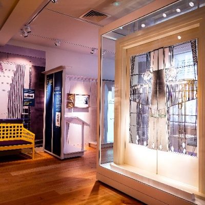 The original Salon de Luxe doors on display at the Exhibition at Mackintosh at the Willow - the original Willow Tearooms building, established in 1903.
