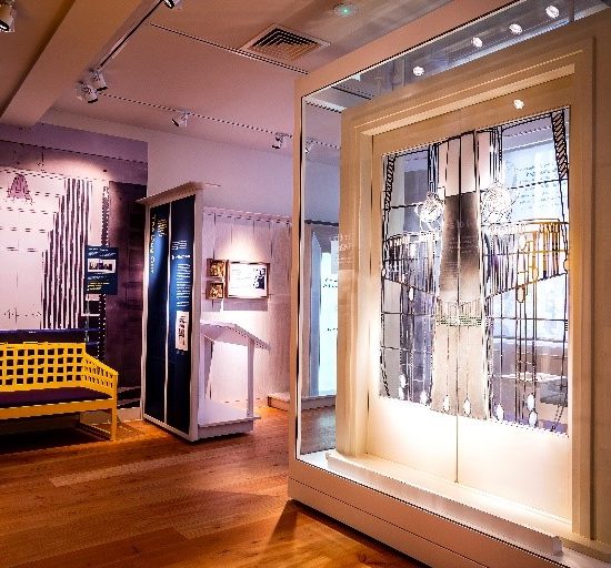 The original Salon de Luxe doors on display at the Exhibition at Mackintosh at the Willow - the original Willow Tearooms building, established in 1903.
