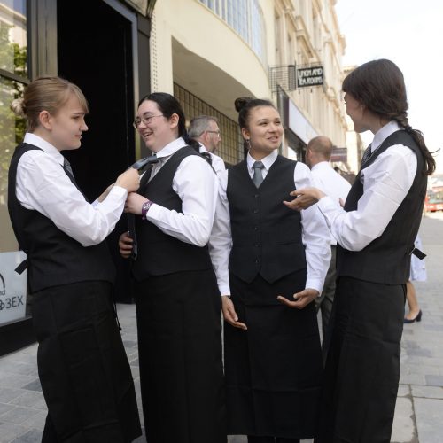 FREE USAGE  Specially trained waitresses make final preparations at the opening of Mackintosh at the Willow in Glasgow Sauchiehall Street following a £10m restoration of the original Charles Rennie Mackintosh designed building. June 7, 2018. The 200 seat restaurant and tearooms, known as ÔMackintosh at The WillowÕ will have a phased opening during the summer of 2018, with the official opening of "Mackintosh at the Willow" in September 2018.